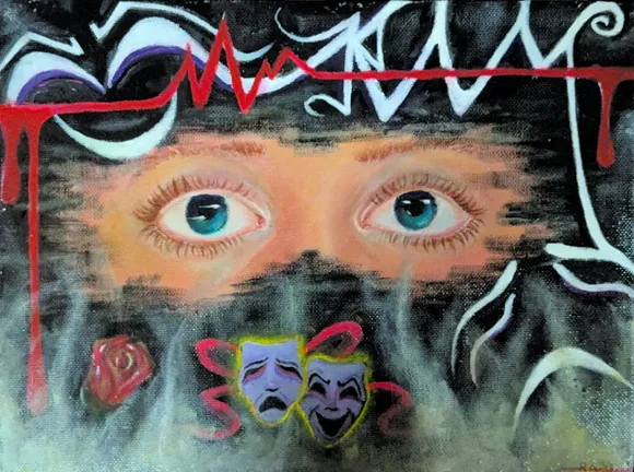 Two wide blue-green eyes look out between dark bands, under red and white zigzag lines, with a rose and two theatre masks below.