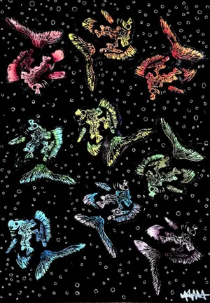 Fish printed from carved linoleum in pinks, greens, blues and yellows, scattered across black paper dotted with small white rings.