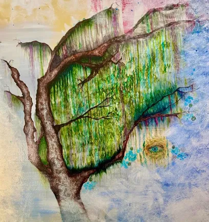 A willow tree with a twisted brown trunk and a curtain of green leaves, painted on a wall over soft washes of yellow, pink and blue.