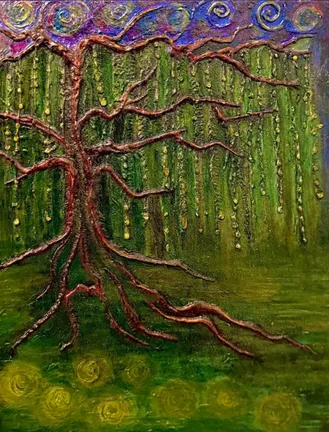 A willow in raised, textured paint: a copper-brown trunk and spreading roots under hanging green fronds, with purple swirls across the top.