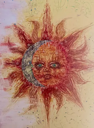 A red sun with a face and long flame-like rays, a silver crescent moon overlapping its left side, on a pale wall.