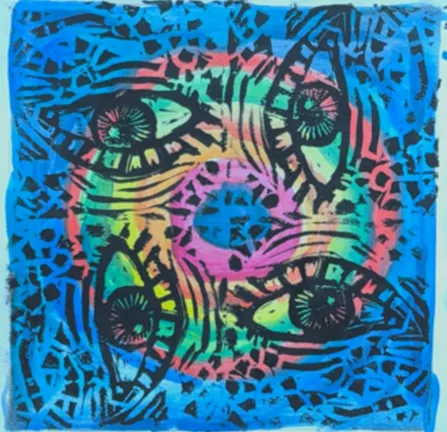 Four bold black linoleum-printed eyes arranged in a ring over rainbow watercolor, on a bright blue ground.