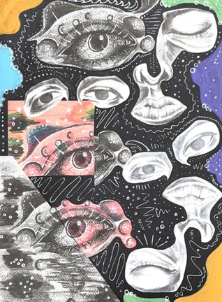 A collage of drawn eyes, noses and lips in black, white and pink, cut into angular pieces on a black ground traced with white lines.