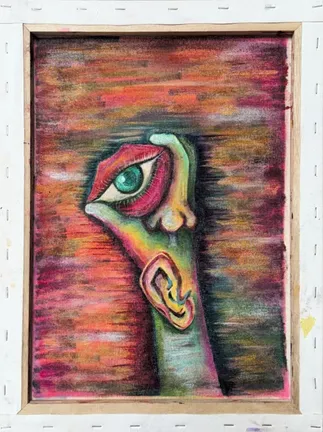 Painted on the back of a stretched canvas, its wooden frame showing: a long-necked figure with one large green eye and an ear, in reds and pinks.