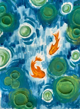 Two orange koi swimming among thick green lily pads on streaky blue water.