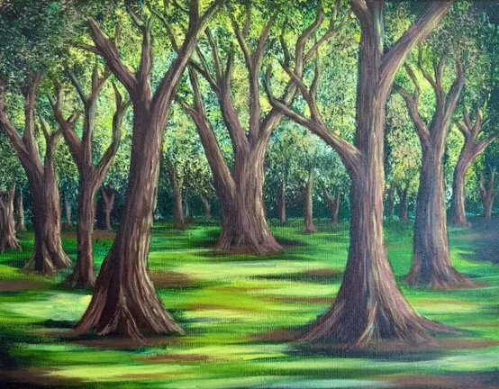 A grove of dark-trunked trees, sunlight falling in bright green patches across the grass.