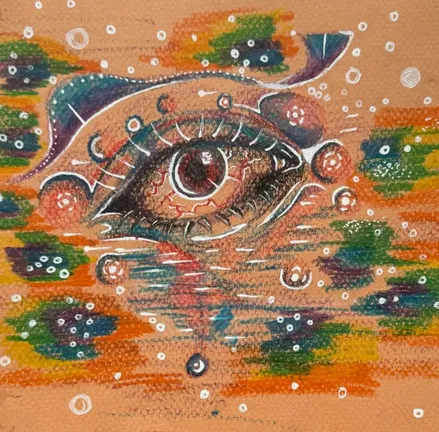 A single large eye in oranges and reds with a fish-like shape arching over it, on orange paper dotted with white circles and dark green patches.