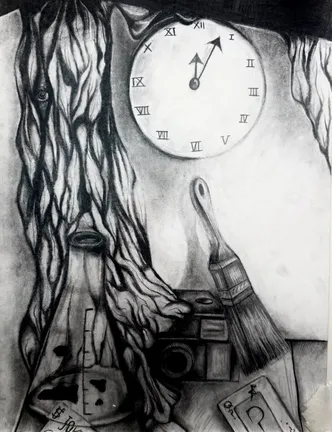 A charcoal drawing: a clock face with Roman numerals above a twisted trunk, a camera, a paintbrush and other objects.