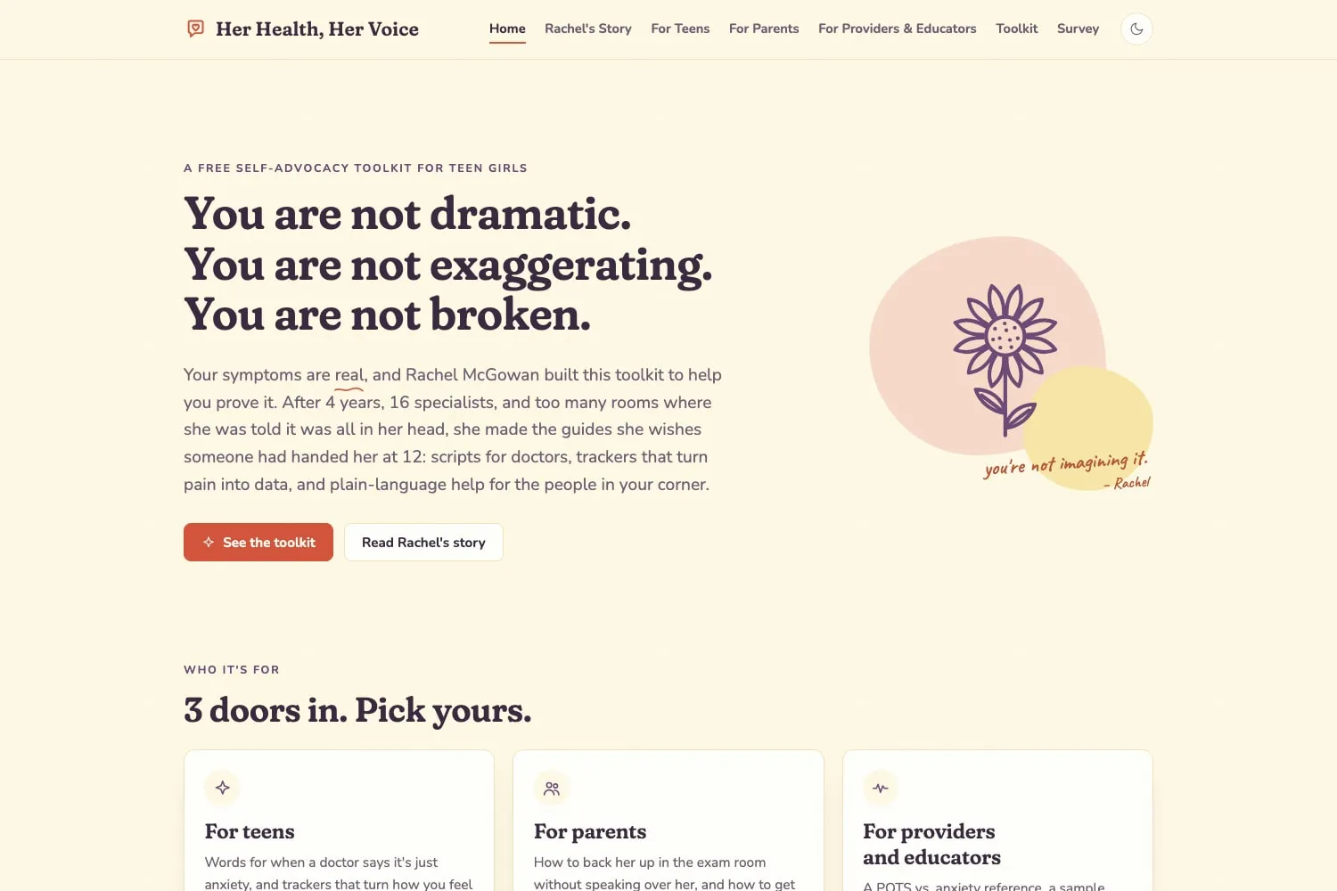 The Her Health, Her Voice website: the headline reads You are not dramatic. You are not exaggerating. You are not broken.